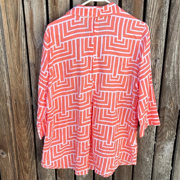 Chicos Linen Shirt 1 No Iron Orange White 3/4 Sleeve - Picture 6 of 7